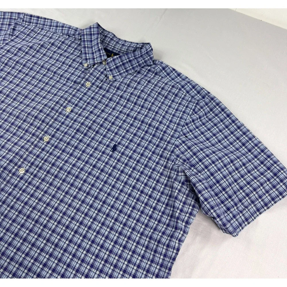 Polo Ralph Lauren Shirt Mens 2XB Big Blue Purple Plaid Button Up Short Sleeve